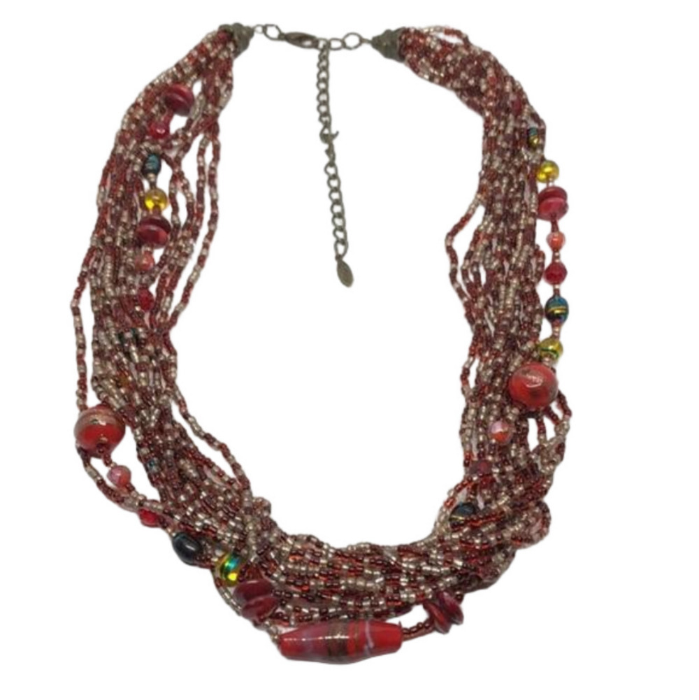 VINTAGE Esmor seed bead and & glass boho statement necklace layered pop of color